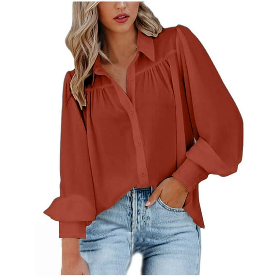 Olyvenn Fashion Womens Long Sleeve Button Down Shirt Casual Solid V Neck Blouse Tops Loose Balloon Sleeve Ruched Boyfriend Shirts Orange 4