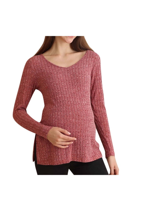Fashion Womens Maternity Rib Knit Split Long Sweaters V Neck Fashion Soft Long Sleeve Basic Pregnancy Clothes Tops Fall Watermelon Red 6