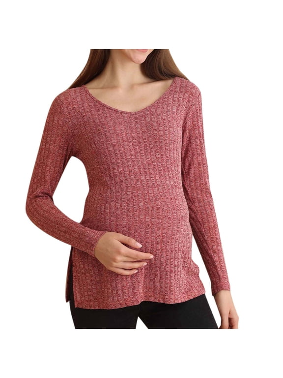 Fashion Womens Maternity Rib Knit Split Long Sweaters V Neck Fashion Soft Long Sleeve Basic Pregnancy Clothes Tops Fall Watermelon Red 6