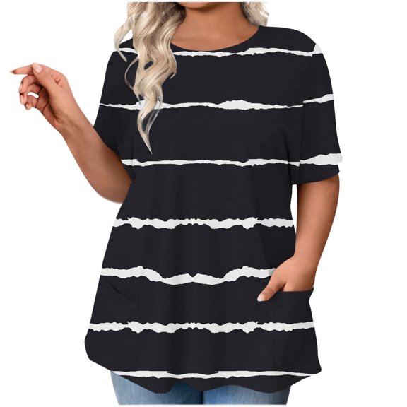 Olyvenn Fashion Womens Plus Size Blouses Summer Basic Shirts Dressy Casual Crewneck Tops Short Sleeve Striped Print Fall Blouses Black XXL