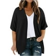thumbnail image 1 of Olyvenn Fashion Womens Plus Size Cardigan Casual Short Sleeve Summer Fashion Waffle Knit Kimono Open Front Tops Black XXXXL, 1 of 7