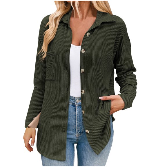 Olyvenn Fashion Womens Shacket Casual Button Down Shirts Loose Boyfriend Shirt Jackets Tops Jacquard Lightweight Long Sleeve Shirts Fall Tops Fashion Army Green 12