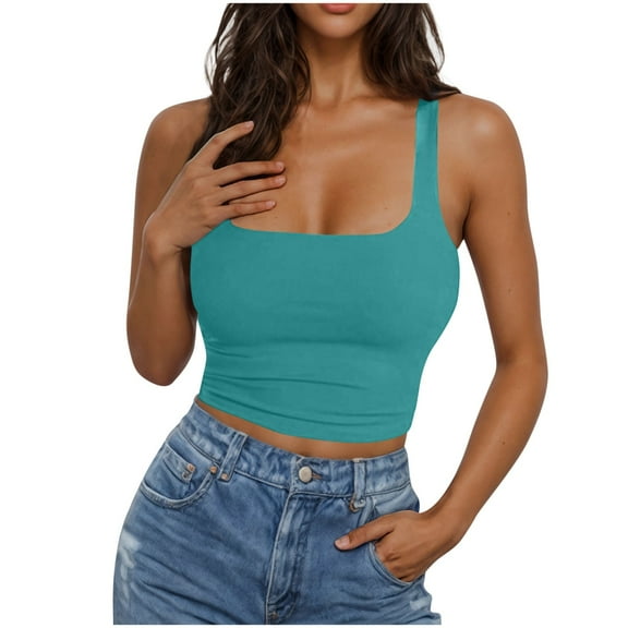 Olyvenn Fashion Womens Square Neck Longline Sports Bra - Workout Crop Tank Tops Padded Yoga Camisole with Built in Pads Green XXXL
