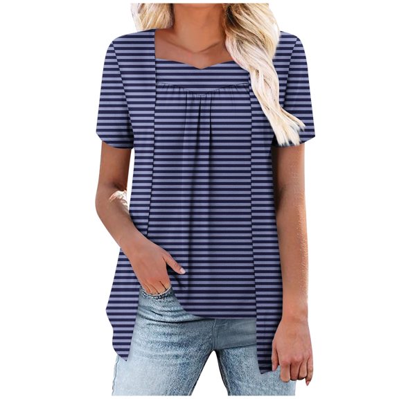 Olyvenn Fashion Womens Striped Tops Summer Hide Belly Tunics Short Sleeve Casual Pleated Crew Neck Shirts Flowy Blouses for Leggings Navy XXL