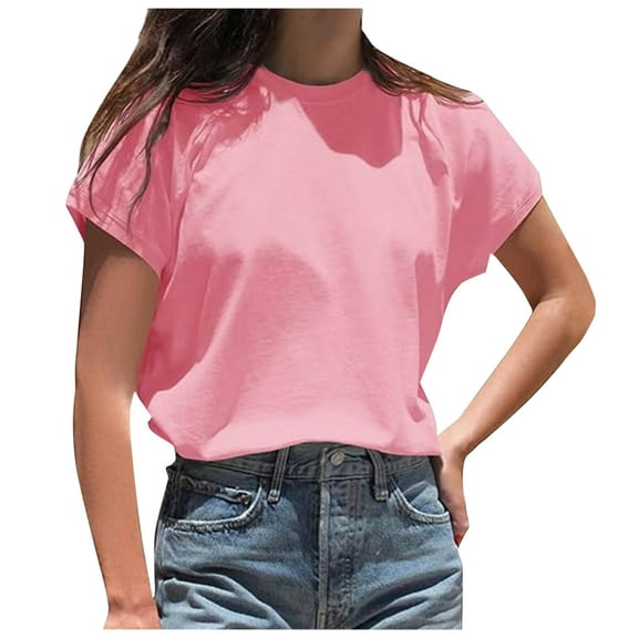 Olyvenn Fashion Womens Summer Cap Sleeve T-Shirts Casual Loose Fit Tunic Tops Trendy Y2K Tees Crew Neck Tee Shirts Pink XL