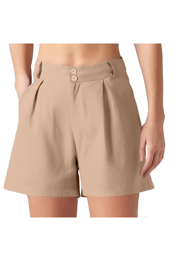 Fashion Womens Summer High Waist Linen Shorts Roll Up Pleated Zippered Wrap Hem Wide Leg Shorts with Pockets Khaki S