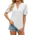 thumbnail image 1 of Olyvenn Fashion Womens Summer Notch V Neck Short Puff Sleeve T-Shirt Eyelet Loose Pleated Tunic Solid Color Casual Tops White 6, 1 of 4