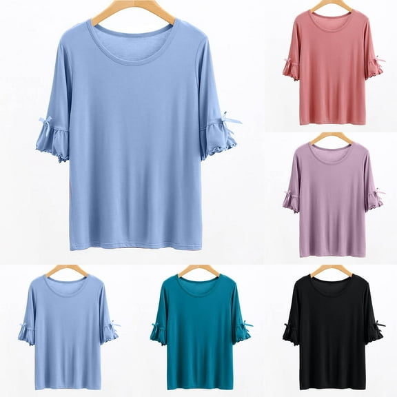 Olyvenn Fashion Womens Summer Sport Tops Ruffled Short-Sleeves Elegant Shirts Crew Neck Solid Color Blouses Casual Cute Yoga Tees Blue 8