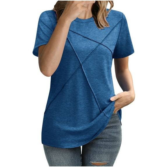 Olyvenn Fashion Womens Summer Tops Pleated Round Neck Short Sleeve Shirts Business Casual Summer Loose Fit Blouse Blue XXL