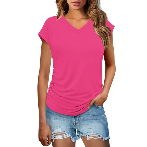 Olyvenn Fashion Womens Summer Tops Dressy Casual Cap Sleeve T Shirts for Women V Neck Ruched Tops Basic Tank Fashion Trendy Hot Pink S