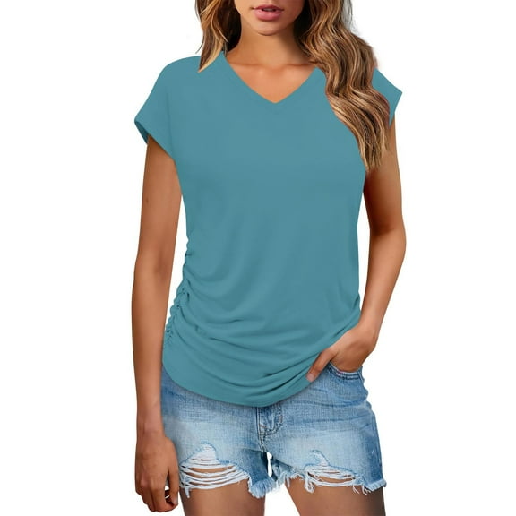 Olyvenn Fashion Womens Summer Tops Dressy Casual Cap Sleeve T Shirts for Women V Neck Ruched Tops Basic Tank Fashion Trendy Light Blue M