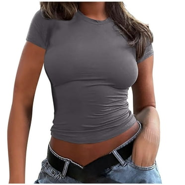 Olyvenn Savings Womens Tops Slim Fitted Summer Going Out Crop Tee Top Basic Baby Tees Short Sleeve Crew Neck Shirt Y2K Clothing Gray 6