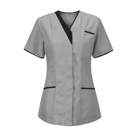 Olyvenn Scrub Tops Women Short Sleeve V Neck Nurse Work Uniform Shirts Comfy Nursing Workwear Tunics with Pockets Gray M