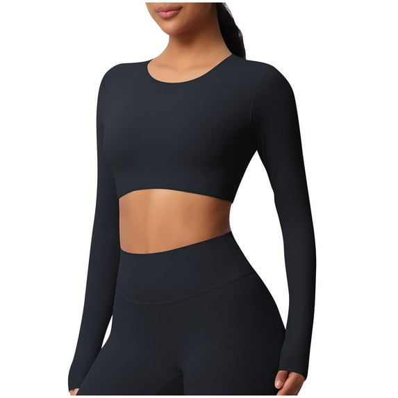 Olyvenn Seamless Long Sleeve Crop Gym Shirts for Women Quick Dry Crew Neck Workout Yoga Tops Casual Women Shirt Black L