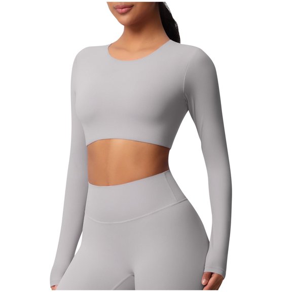 Olyvenn Seamless Long Sleeve Crop Gym Shirts for Women Quick Dry Crew Neck Workout Yoga Tops Casual Women Shirt Gray S