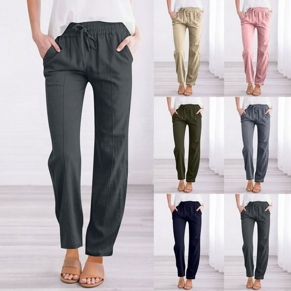 Olyvenn Seniors Womens Casual Linen Pants High Waist Drawstring Loose Fit Summer Straight Leg Trousers with Pockets Army Green XXXL