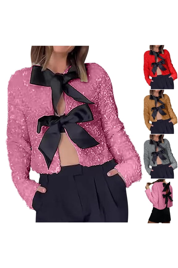 Sequin Jackets for Women Glitter Bow Tops Sparkly Shirts Sequined Shiny Bomber Jacket Long Sleeve Cropped Top Outfits Gold 12-14
