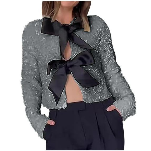 Olyvenn Sequin Jackets for Women Glitter Bow Tops Sparkly Shirts Sequined Shiny Bomber Jacket Long Sleeve Cropped Top Outfits Gray 4-6