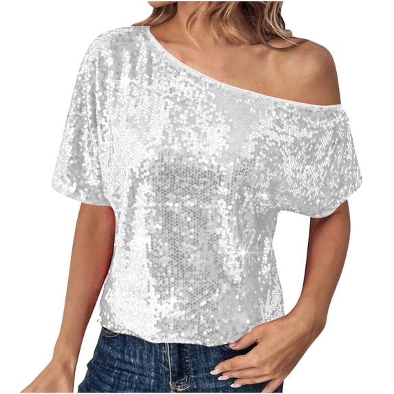 Olyvenn Sequin Off The Shoulder Tops for Women Elegant Short Sleeve Tops Dressy Party Shirts Casual Cocktail Evening Pullover White M