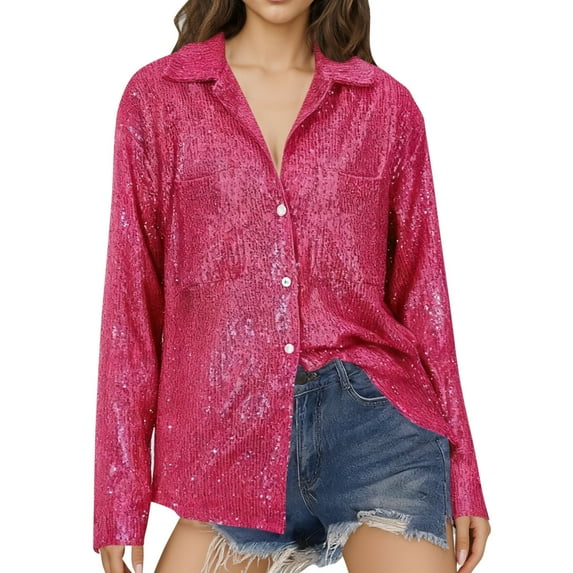 Olyvenn Sequin Tops for Women Sequin Top Sparkly Tops for Women Sparkle Tops for Women Casual Party Club Button Down Shirt Hot Pink L