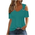 thumbnail image 1 of Olyvenn Sexy Cold Sholuder Tops for Women 2025 Summer Hollow Out Eyelet Short Sleeve Blouse Loose V Neck Tshirt Casual Tunics Blue XL, 1 of 6