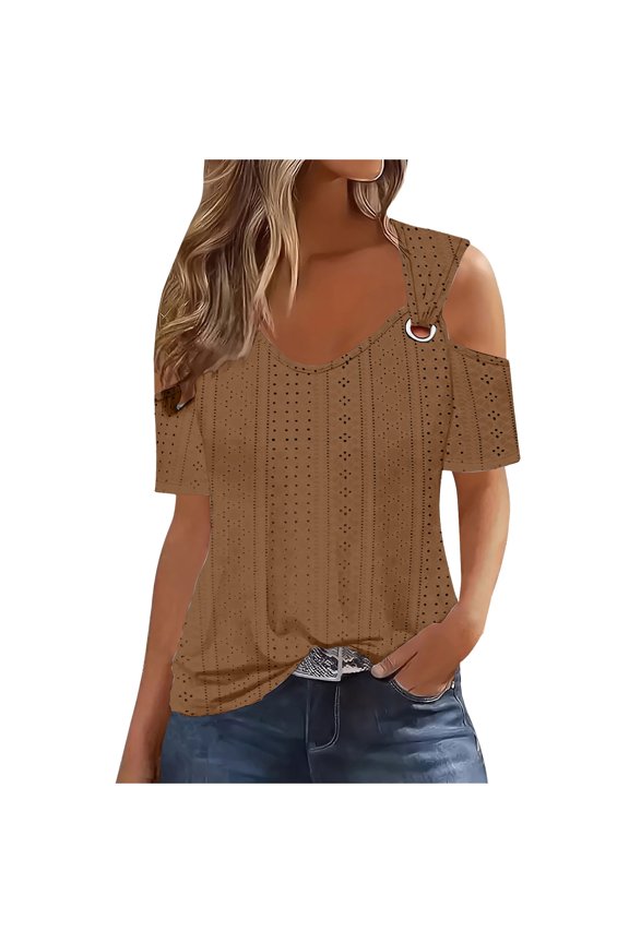 Sexy Cold Sholuder Tops for Women 2025 Summer Hollow Out Eyelet Short Sleeve Blouse Loose V Neck Tshirt Casual Tunics Brown S