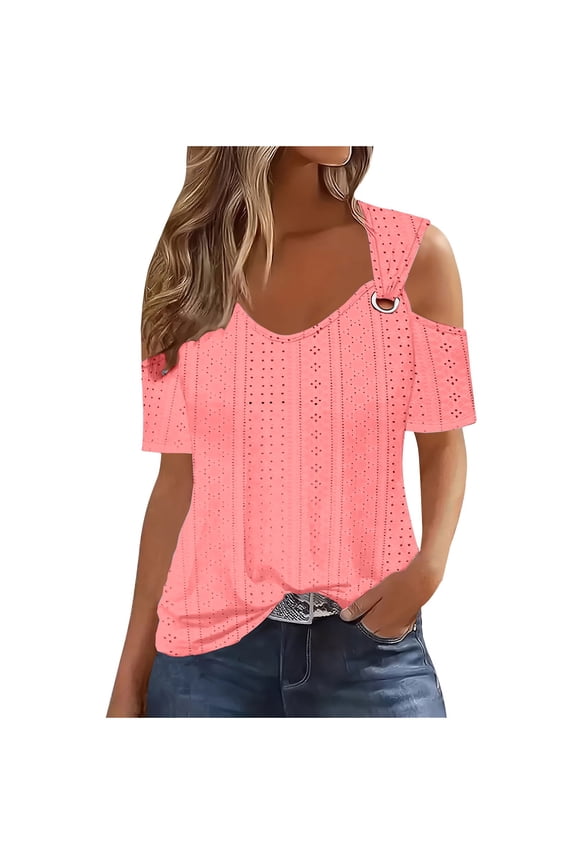Sexy Cold Sholuder Tops for Women 2025 Summer Hollow Out Eyelet Short Sleeve Blouse Loose V Neck Tshirt Casual Tunics Pink S