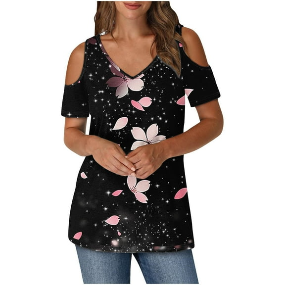 Olyvenn Sexy Cold Sholuder Tops for Women Casual V Neck Cute Blouse Boho Floral Print Short Sleeve Shirts Ladies Tunic Tshirt Black L