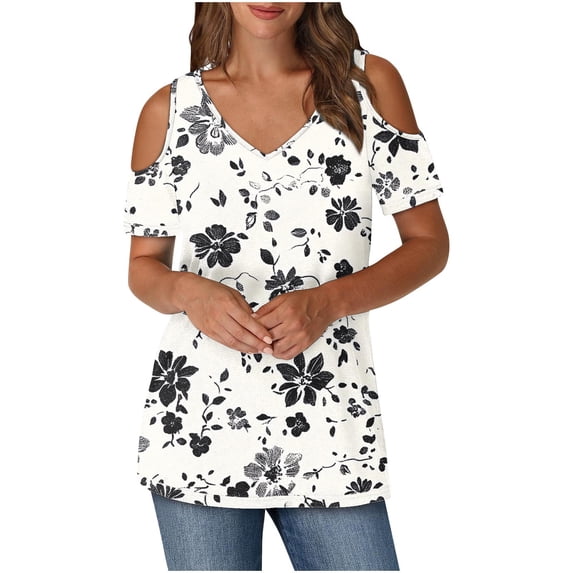 Olyvenn Sexy Cold Sholuder Tops for Women Casual V Neck Cute Blouse Boho Floral Print Short Sleeve Shirts Ladies Tunic Tshirt Multicolor M