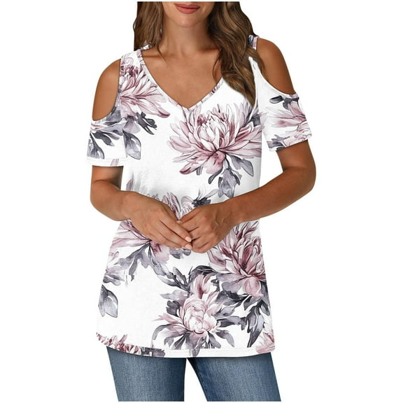 Olyvenn Sexy Cold Sholuder Tops for Women Casual V Neck Cute Blouse Boho Floral Print Short Sleeve Shirts Ladies Tunic Tshirt Pink S