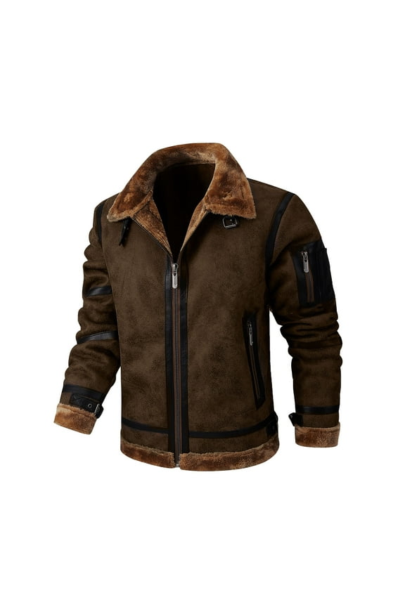 Shearling Leather Jacket Men Suede Faux Fur Sherpa Lined Sheepskin Jacket Warm Winter Casual Fur Lapel Outwear Coat Yellow 6