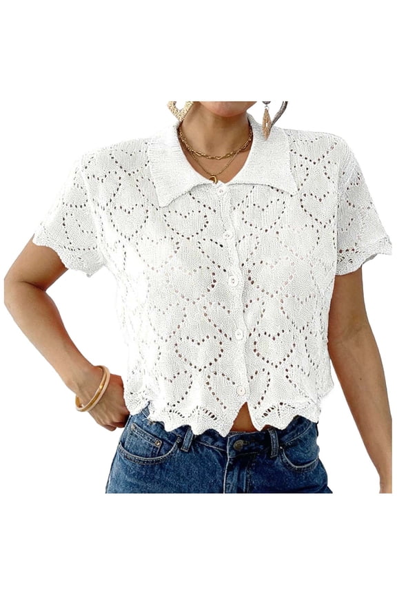 Short Sleeve Blouse Lace Button-Up Turndown Collar Casual Fashion Comfortable Top Women's Wear Home Daily White M