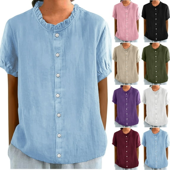 Olyvenn Short Sleeve Linen Shirts Women's Cotton Linen Button Ruffled Shirts 2025 Summer Loose Stand Collar Casual Boho Tops Army Green L