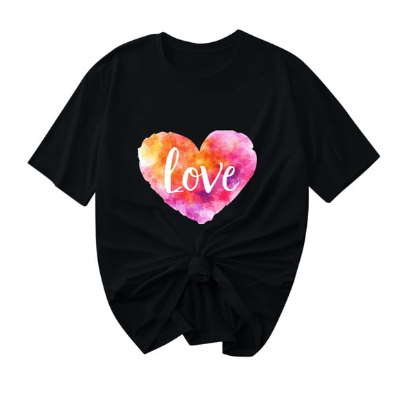 Olyvenn Short Sleeve Round Neck Blouse Heart Printed T-Shirt Vintage Classic Humor Comfortable Stretchy Breathable Daily Casual Wear Women's Top Summer Fashion Black XL