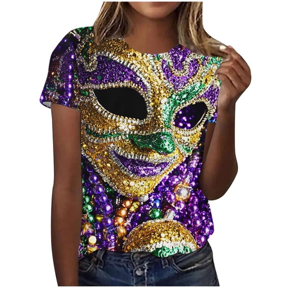 Olyvenn Short Sleeve Round Neck Blouses Casual Pullover Carnival Printed Top Lightweight Soft Breathable Fabric Women Fashion Daily Wear Purple M