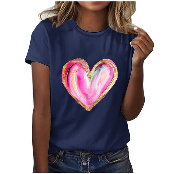 Olyvenn Short Sleeve Round Neck Blouses & Shirts Casual Fashion Love Printing Comfortable Stretchy Vintage T-shirt Crewneck Top Party Daily Wear Blue XL