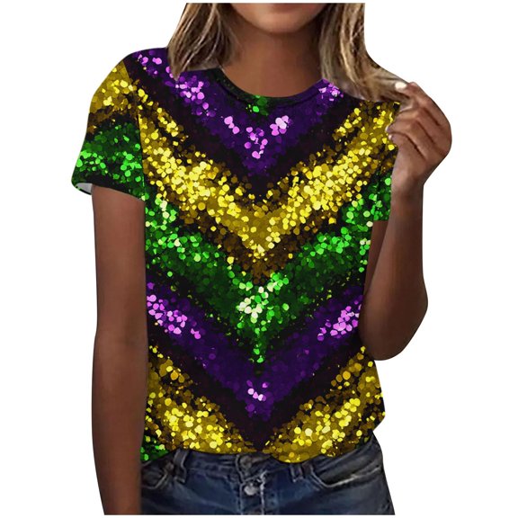 Olyvenn Short Sleeve Round Neck Blouses & Shirts Casual Pullover Carnival Printed Top Women Loose T-Shirt Lightweight Soft Breathable Fabric Fashion Daily Wear Purple L