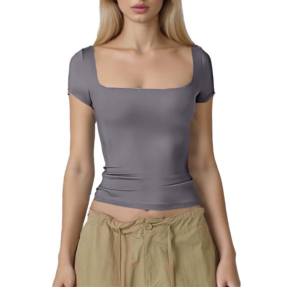 Olyvenn Short Sleeve Round-Neck Blouses & Shirts Women's Casual Fashion Fitted Solid Color Neck Top Soft Breathable Loose Fit Trendy Look Daily Wear Summer Outfits Dark Gray L