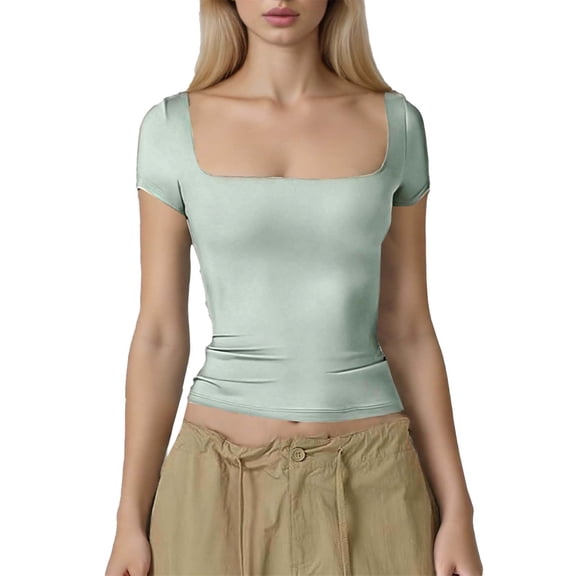 Olyvenn Short Sleeve Round-Neck Blouses & Shirts Women's Casual Fashion Fitted Solid Color Neck Top Soft Breathable Loose Fit Trendy Look Daily Wear Summer Outfits Green XS