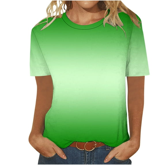 Olyvenn Short Sleeve Shirts for Women Spring/Summer Fashion Round Neck Short Sleeve T-Shirt Simple Elegant Gradient T-Shirt Green S