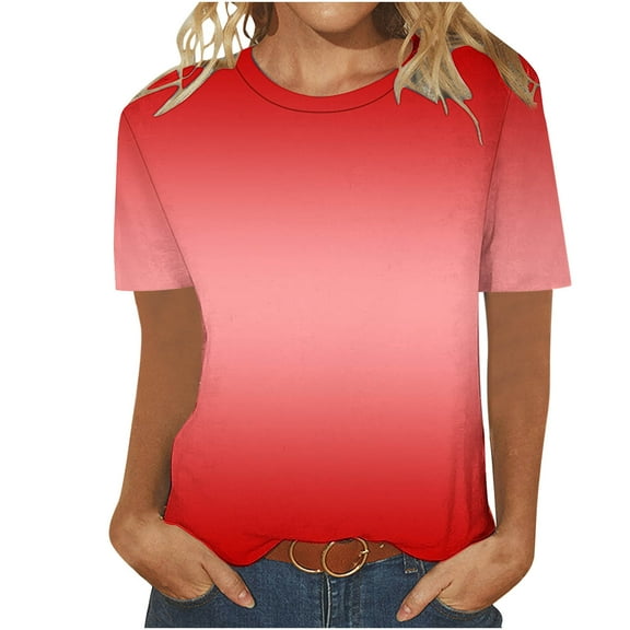 Olyvenn Short Sleeve Shirts for Women Spring/Summer Fashion Round Neck Short Sleeve T-Shirt Simple Elegant Gradient T-Shirt Red XL