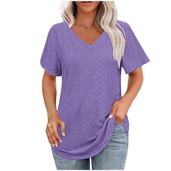 Olyvenn Short Sleeve Tops for Women Eyelet Solid Color Dressy V Neck Blouse Casual Loose Fashion Shirts Pullover Tunics Purple M