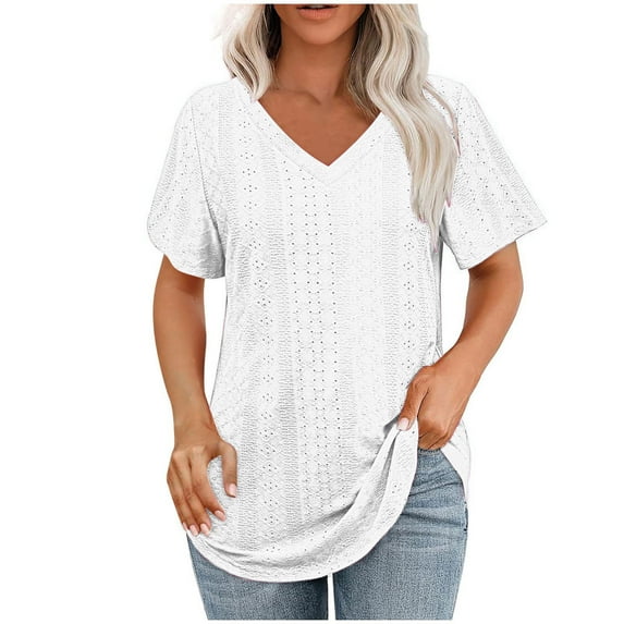 Olyvenn Short Sleeve Tops for Women Eyelet Solid Color Dressy V Neck Blouse Casual Loose Fashion Shirts Pullover Tunics White XL