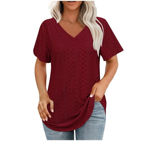 Olyvenn Short Sleeve Tops for Women Eyelet Solid Color Dressy V Neck Blouse Casual Loose Fashion Shirts Pullover Tunics Wine M