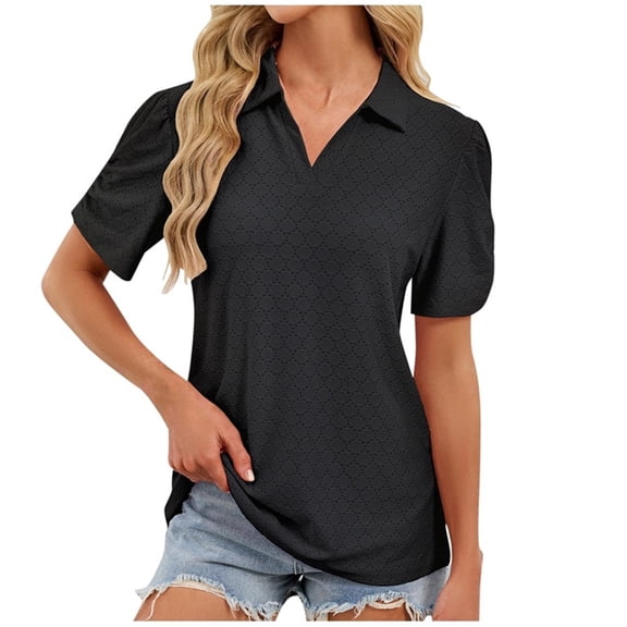 Olyvenn Short Sleeve Turndown Collar Blouse Elegant Casual Fashion Comfortable Soft Fabric Relaxed Fit Summer Top for Daily Wear Party Wedding Black S