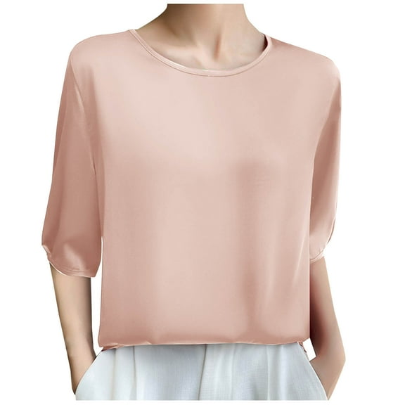 Olyvenn Silk Blouse for Women, Women's Short Sleeve Silk Tops Satin Blouse Solid Tanks Crew Neck Elegant Silk Shirts Pink M