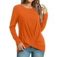 thumbnail image 1 of Olyvenn Solid Color Gifts for Womens Fall Fashion Scoop Neck Sweatshirts Oversized T Shirts Long Sleeve Front Twist Knot Pleated Shirts Trendy Clothing Dressy Tops Orange 12, 1 of 8