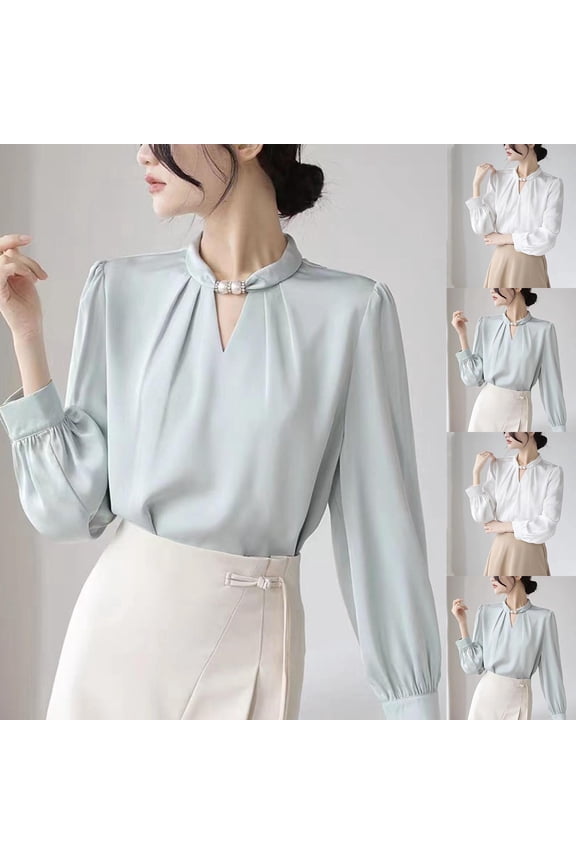 Solid Color Satin Stand Collar Blouse with Beads for Women Elegant Office Lady Shirts Pullover Satin Temperament Commuter Professional Top Light Blue XL
