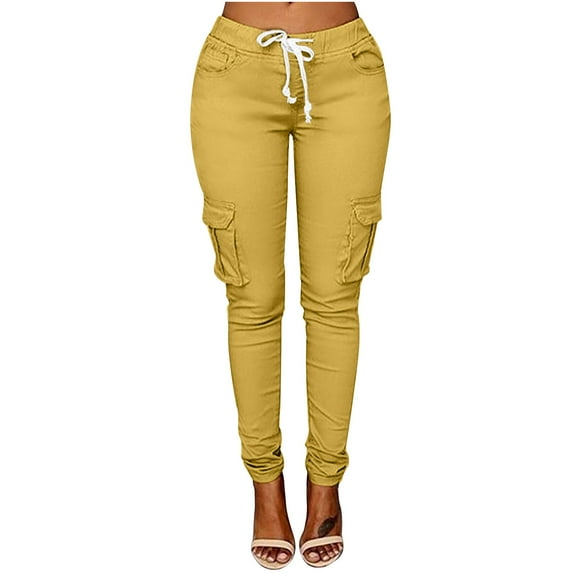 Olyvenn Solid Elastic Waist Pocket Pants Women's Plus Skinny Slim Fit Female Casual Leisure Waist Fashion Women Drawstring for 2022 Women Tops Khaki M