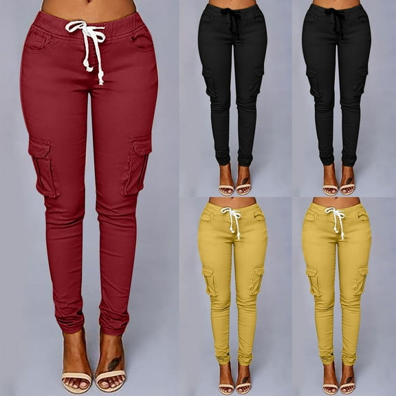 Olyvenn Solid Elastic Waist Pocket Pants Women's Plus Skinny Slim Fit Female Casual Leisure Waist Fashion Women Drawstring for 2022 Women Tops Khaki XXXL
